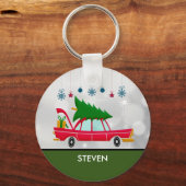 Retro Red Car met kerstboom Sleutelhanger (Voorkant)