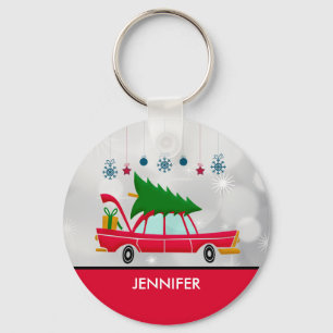 Retro Red Car met kerstboom Sleutelhanger