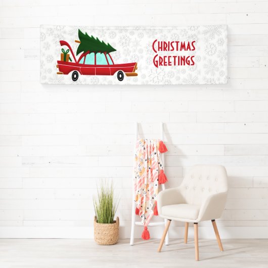 Retro Red Car met kerstboom Spandoek (Insitu)