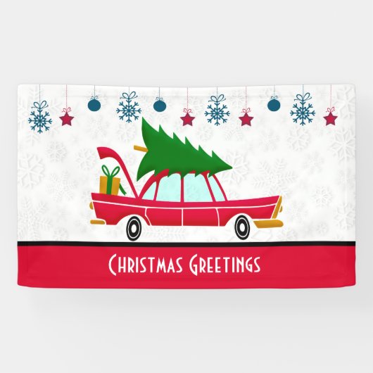 Retro Red Car met kerstboom Spandoek (Horizontaal)