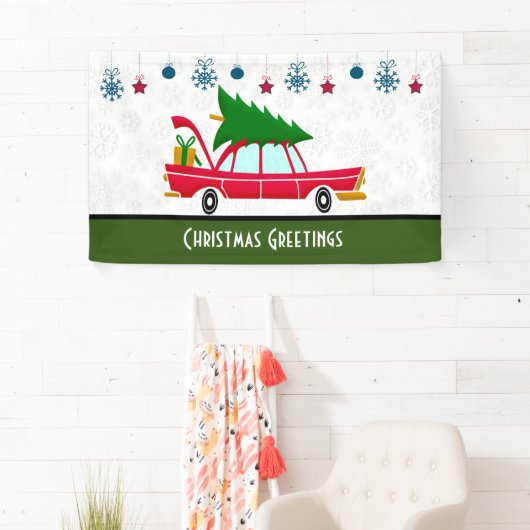 Retro Red Car met kerstboom Spandoek (Insitu)