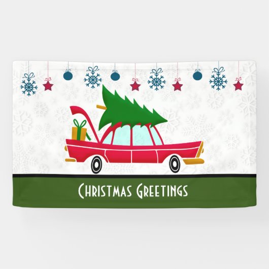 Retro Red Car met kerstboom Spandoek (Horizontaal)