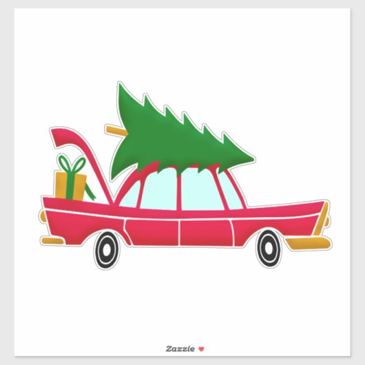 Retro Red Car met kerstboom Sticker (Vel)