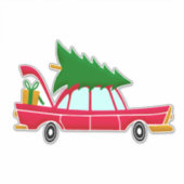 Retro Red Car met kerstboom Sticker (Voorkant)
