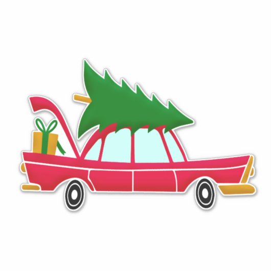 Retro Red Car met kerstboom Sticker (Voorkant)