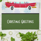 Retro Red Car met kerstboom Theedoek (Gevouwen)