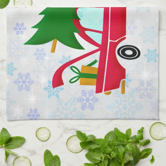 Retro Red Car met kerstboom Theedoek (Gevouwen)