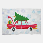 Retro Red Car met kerstboom Theedoek (Horizontaal)