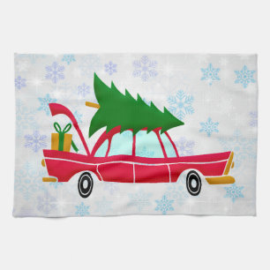 Retro Red Car met kerstboom Theedoek