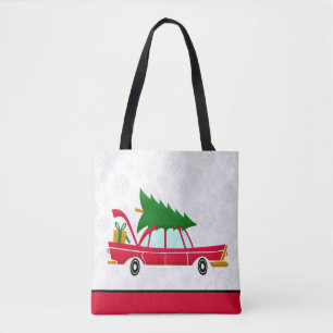 Retro Red Car met kerstboom Tote Bag