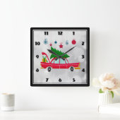 Retro Red Car met kerstboom Vierkante Klok (Huis)