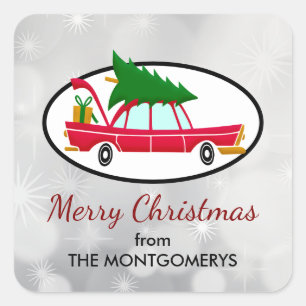 Retro Red Car met kerstboom Vierkante Sticker