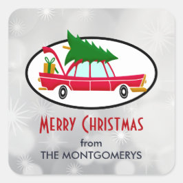 Retro Red Car met kerstboom Vierkante Sticker
