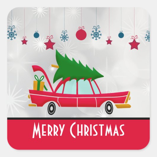 Retro Red Car met kerstboom Vierkante Sticker (Voorkant)