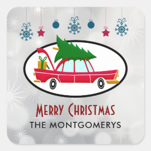 Retro Red Car met kerstboom Vierkante Sticker
