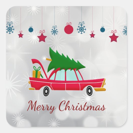 Retro Red Car met kerstboom Vierkante Sticker (Voorkant)