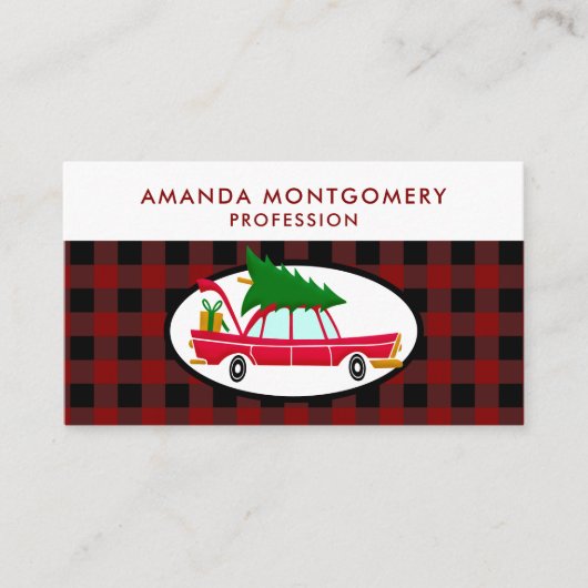 Retro Red Car met kerstboom Visitekaartje (Voorkant)