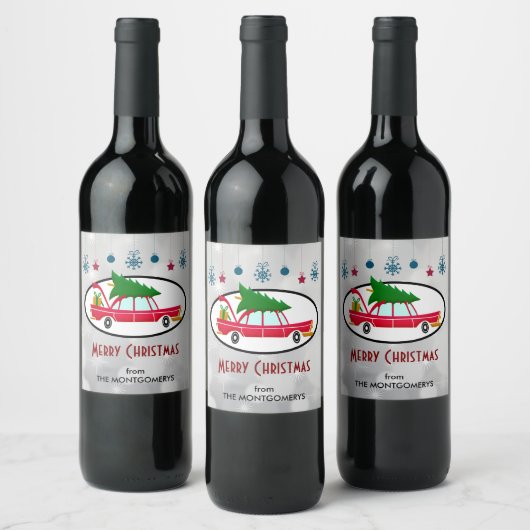 Retro Red Car met kerstboom Wijn Etiket (Flessen)