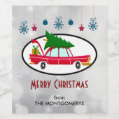 Retro Red Car met kerstboom Wijn Etiket (Enkel label)