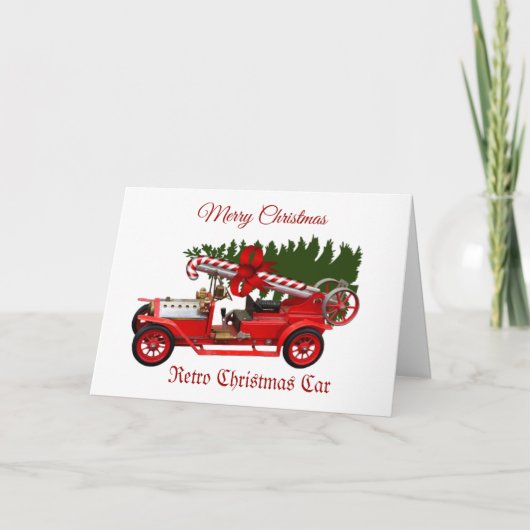 Retro Red Car-Wenskaart met kerstbomen Feestdagen Kaart (Voorkant)