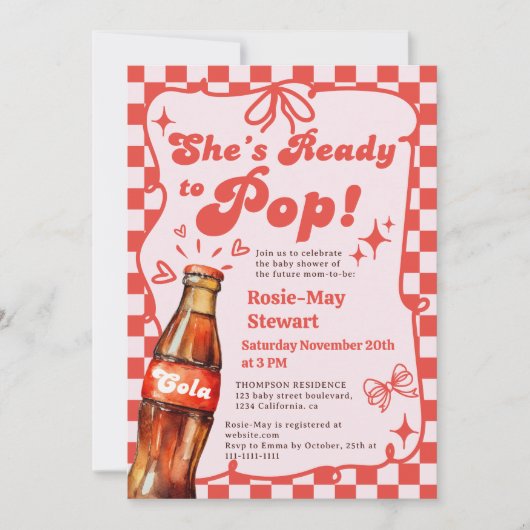 Retro Red Checker Ready to Pop Cola Baby Shower Kaart (Voorkant)