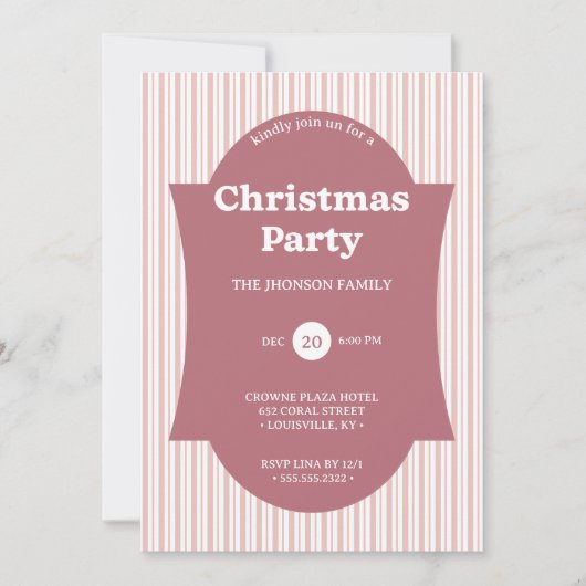 Retro Red Christmas Party Striped Invitation Kaart (Voorkant)