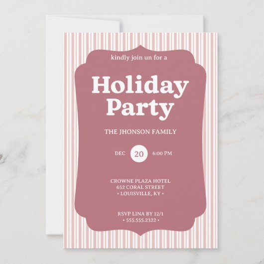 Retro Red Christmas Party Striped Invitation Kaart (Voorkant)