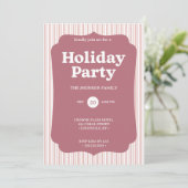 Retro Red Christmas Party Striped Invitation Kaart (Staand voorkant)