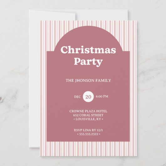 Retro Red Christmas Party Striped Invitation Kaart (Voorkant)