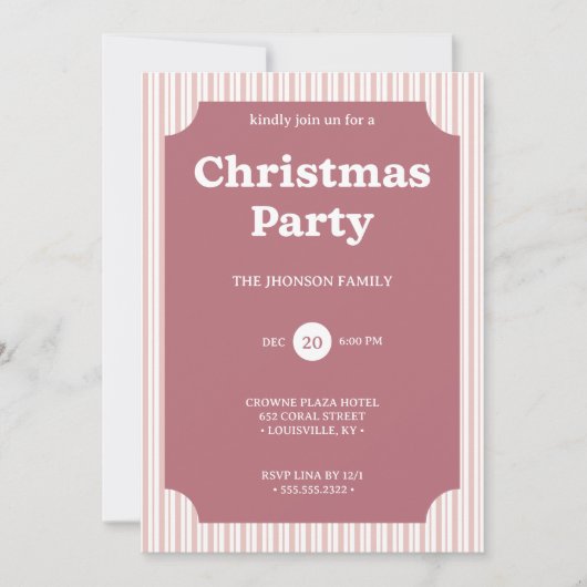 Retro Red Christmas Party Striped Invitation Kaart (Voorkant)
