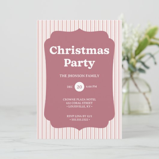 Retro Red Christmas Party Striped Invitation Kaart (Staand voorkant)