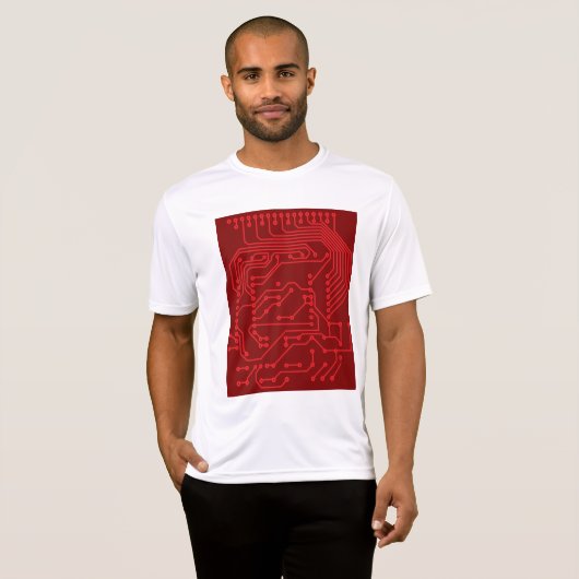 Retro Red Circuit Board Tech Pattern T-shirt (Voorkant volledig)