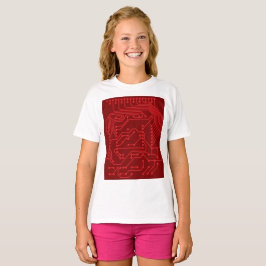 Retro Red Circuit Board Tech Pattern T-shirt (Voorkant volledig)