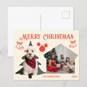 Retro Red Cream Familie Huisdier Foto Kerstmis Briefkaart