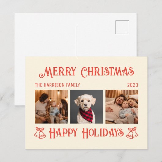 Retro Red Cream Kerst Feestdagen Foto's Collage Briefkaart (Voorkant / Achterkant)