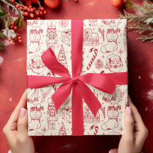 Retro Red Doodle Christmas Wrapping Paper