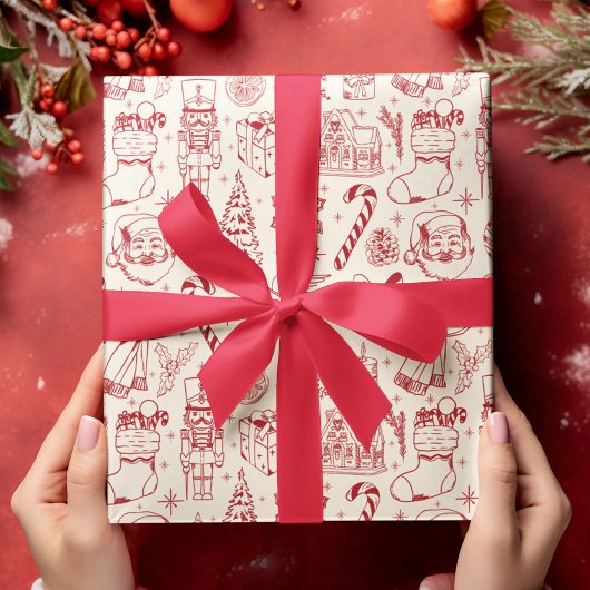 Retro Red Doodle Christmas Wrapping Paper