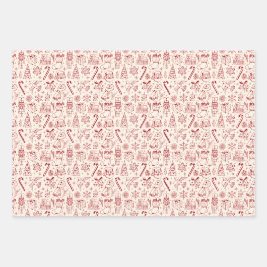 Retro Red Doodle Christmas Wrapping Paper (Voorkant 3)