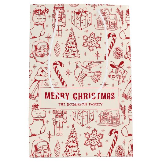 Retro Red Doodle Merry Christmas Medium Cadeauzakje (Voorkant)