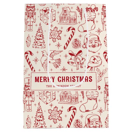 Retro Red Doodle Merry Christmas Medium Cadeauzakje (Achterkant)
