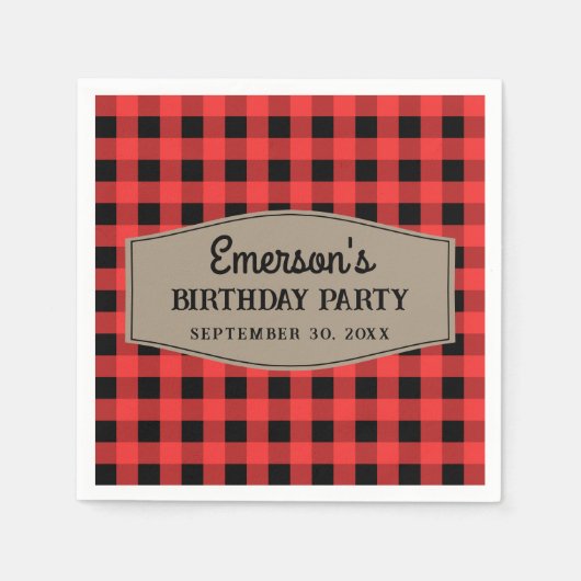 Retro Red en Black Buffalo Plays Pattern Birthday Servet (Voorkant)