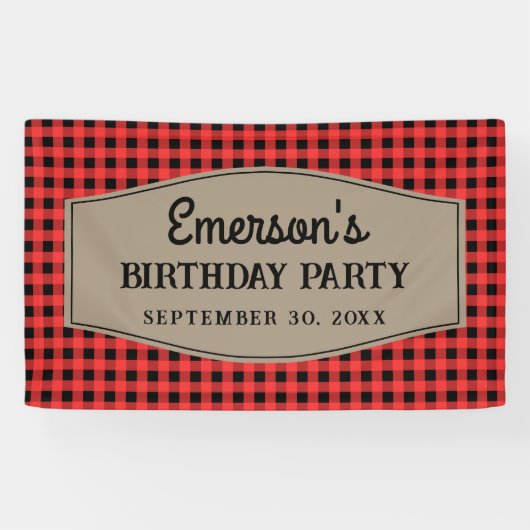 Retro Red en Black Buffalo Plays Pattern Birthday Spandoek (Horizontaal)