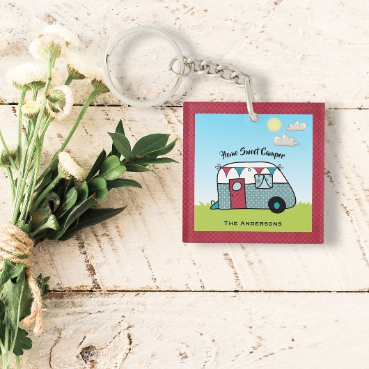 Retro Red en Blauwgroen Camper Sleutelhanger