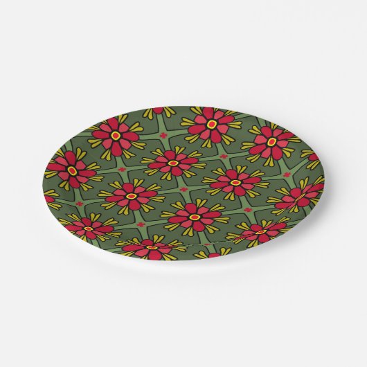 Retro Red en Green Floral Kerstmis Papieren Bordje (Gekanteld)