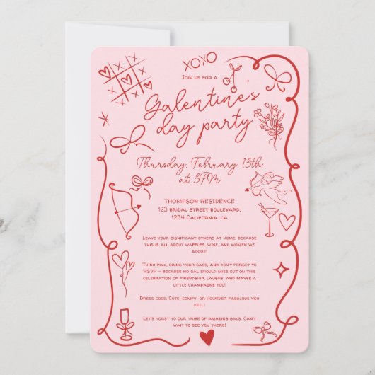 Retro Red en Pastel Pink Galentijn's Day Party Kaart (Voorkant)