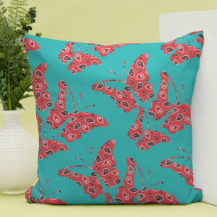 Retro Red en Turquoise Bandana Butterflies Kussen