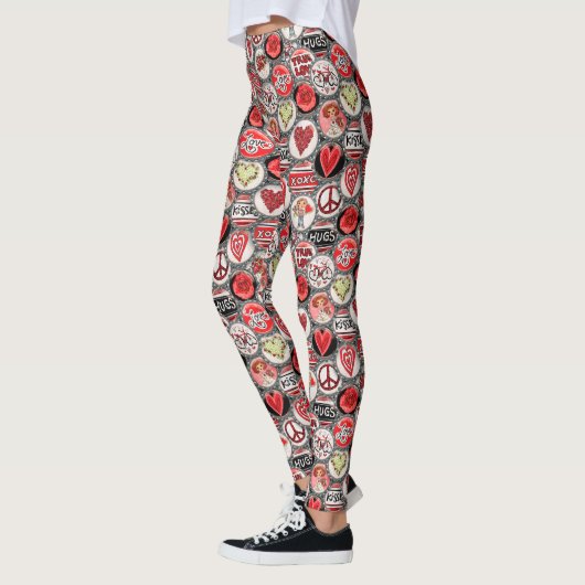 Retro Red Floral Heart Valentijnsdag Fles Pet Leggings (Links)