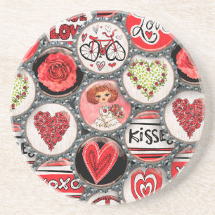 Retro Red Floral Hearts Girl Valentijnsdag Zandsteen Onderzetter