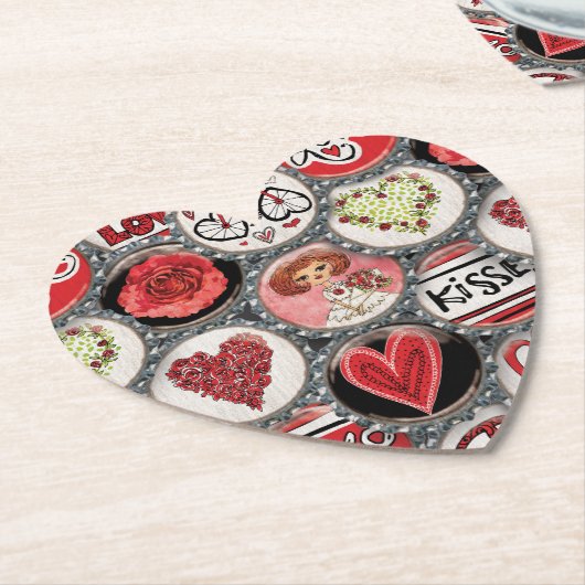 Retro Red Floral Hearts True Love Valentijnsdag Kartonnen Onderzetters (Gekanteld)