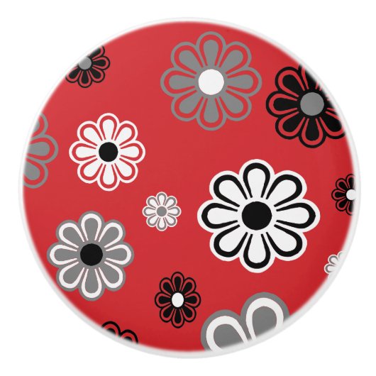 Retro Red Flower Power-keramische knop (Voorkant)
